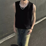 WIAOFELLAS  -  Summer Men's Solid Color Sleeveless Knitted Vest American Retro Fashion Trend Street Hip Hop Loose Casual Simple Men's Top