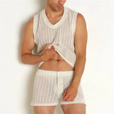 Wiaofellas  -  New Summer Men's Ribbed Two Piece Sets Casual Tank Tops and Shorts Beach Sports Suit Men Hollow Out Sexy Streetwear