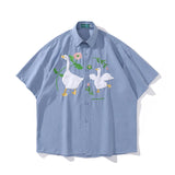 WIAOFELLAS  -  Men Shirt Summer Funny Plush White Goose Embroilery Short Sleeve Button Up Shirts HipHop Harajuku Casual Loose Streetwear Shirt