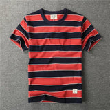 WIAOFELLAS  -  Heavy double cotton short sleeve t pocket American retro thick horizontal thick wide stripe T-shirt men's and women's T-shirt
