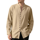 Wiaofellas  -  Spring and Autumn New Style Shirt Long Sleeve Men's Casual Retro Lapel French Henry Collar Single Breasted T-shirt