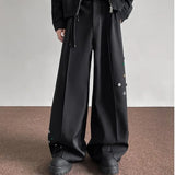 WIAOFELLAS  -  Fashion Black Casual Pants Men Buttons Design High Street Hip-hop Wide Leg Mopping Trousers All-match Casual Korean Style