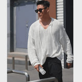 WIAOFELLAS  -  Korean Lazy and High-end Solid Color Versatile Long-sleeved Thin Sweater V-neck Tether Hollow Sweater Top Men