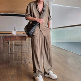 Wiaofellas  -  Mens Casual Light Shirt Wide Leg Pants New Genderless Fashion Vacation Basics Versatile Solid Color Suit Two-Piece Unisex