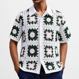 WIAOFELLAS  -  Summer French Retro  Men's Hook Flower Knitted Polo Shirt Casual Versatile Hollow Outs Short Sleeved Knit Shirt For Male Tops
