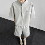 WIAOFELLAS  -  Korean Style Men's Two-piece Stand Collar Short Sleeved Button Design Solid Color T-shirts Drawstring Male Shorts