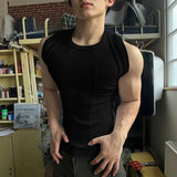 WIAOFELLAS  -  Men Tank Tops Solid Color O-neck Sleeveless Casual Male Vests Streetwear Summer Knitted Fashion Men Clothing S-5XL