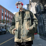 Wiaofellas - American Retro Distressed Shoulder Pad Denim Jacket Spring Autumn Men's Causal Loose Handsome Workwear Jackets Top Male Clothes