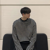 Wiaofellas  - New Spring Men's Long Sleeve T-shirt Casual Loose Striped Top Korean Fashion Base Tee O-neck Oversized Tops 2Y5532