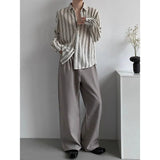 Wiaofellas  -  Korean Style Design Sense Hollow Striped Shirt Men's Casual Loose Iron-free Drooping Long-sleeved Shirt Niche