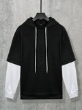 WIAOFELLAS  -  Men Fake Two Piece Hooded Sweatshirt Color Block Patchwork Trendy Top Autumn Winter Loose Fleece Lined Pullover Hoodie