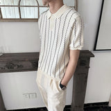 WIAOFELLAS  -  Summer New Men's Striped Knitted Short-Sleeved T-Shirt Retro Fashion Trend Casual Simple Loose Breathable Business Men's Tops