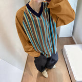WIAOFELLAS  -  Men T Shirt Striped Patchwork V Neck Long Sleeve Male Tee Tops Korean Style Streetwear Loose Fashion Casual Men Clothing