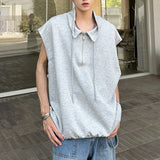 WIAOFELLAS  -  Drawstring Design Men's Tank Tops Lapel Solid Color Half Zipper Sleeveless Loose Male Pullover Vest Summer Menswear