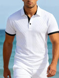 Wiaofellas  -  Men's Textured Knit Polo Shirt Contrast Trim Short Sleeve Turn Down Collar Casual Fashion Tops For Men