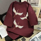Wiaofellas  -  Pure Cotton National Trend Crane Print Short-sleeved T-shirt Retro Loose Top