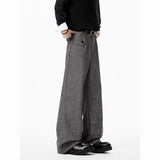 WIAOFELLAS  -  Grey Straight-leg Casual Pants Men American Streetwear Brand Retro and Stylish Loose Wide-leg Plaid Suit Pants