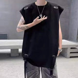 WIAOFELLAS  -  American Style Men's Vests Solid Color O-neck Ribbon Casual Menswear Loose Sleeveless Pullover Male Tank Tops Chic