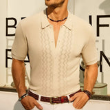 WIAOFELLAS  -  Summer New Men's Solid Color Short-Sleeved Cardigan Knitted Polo Shirt Retro Casual Fashion Trend Simple Slim Business Mens Tops