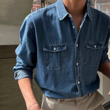Wiaofellas  -  Streetwear Mens Denim Shirts Fashion Patchwork Pockets Long Sleeve Jean Shirt for Men Vintage Solid Color Button Denim Cardigans