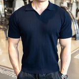 Wiaofellas  -  Summer New Men's Solid Color Knitted Sweater Short-Sleeved T-Shirt Retro Fashion Trend Casual Simple Loose Breathable Men's Tops