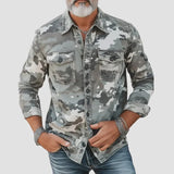 Wiaofellas  -  Men's Printed Lapel Long Sleeve Loose Shirt Multi-Pocket Casual Men's Work Shirt
