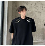 WIAOFELLAS  -  Stylish Men's T-shirts Metal Buckle Patchwork Round Collar Solid Color Niche Tops Short Sleeved Loose Male Tees