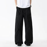 WIAOFELLAS  -  Simple Men's Cargo Pants Zipper Patchwork Elastic Waist Wide Leg Bottom Straight Drawstring Loose Male Trousers 24K4252