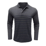 Wiaofellas  -  Men Striped Print Lapel Collar Long Sleeve Polo Shirt Autumn Winter Casual Daily Top