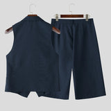 WIAOFELLAS  -  Men Sets Solid Color Lapel Sleeveless Vests & Pants Two Pieces Sets Streetwear Elegant Fashion Men's Casual Suits S-5XL