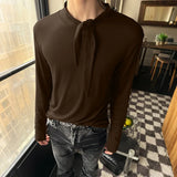 WIAOFELLAS  -  Men T Shirt Solid Color Lace Up Long Sleeve Casual Male Tee Tops Streetwear Korean Style Fashion Men Clothing S-3XL