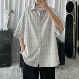 Wiaofellas  -  Korean Style Loose and Versatile Plaid Five-point Sleeve Shirt