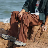 WIAOFELLAS  -  England Style Trousers Cargo Spring Autumn Solid Color Elastic High Waisted Men's Clothing Pockets Casual Retro Cropped Pants