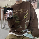 Wiaofellas  -  New in Y2K Vintage Grey Sweatshirt Men's Loose Fit Autumn Crewneck Pullover Hoodies High Street Sudaredaras Hombre