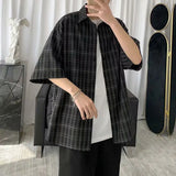 Wiaofellas  -  Korean Style Loose and Versatile Plaid Five-point Sleeve Shirt