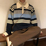 Wiaofellas  -  Autumn Men Knitted Maillard Polo Sweater Long Sleeve Striped Patchwork Lapel Pullover Trendy Light Luxury Korean Style Knitwear