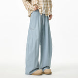 WIAOFELLAS  -  Korean Style Men's Casual Pants Solid Color Straight Drawstring Wide Leg Baggy Worn-out Male Trousers Cleanfit New
