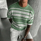 Wiaofellas  -  Summer Casual Knit T Shirt Mens Fashionable Striped Loose Crew Collar Pullover Vintage Short Sleeve Hollow Out Knitted T-shirts