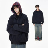 Wiaofellas  -  American Vintage Plaid Zipper Hooded Sweatshirts Men's Y2K Streetwear Patchwork Tracksuit Female Harajuku Fashion Hoodies Coats