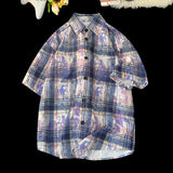 WIAOFELLAS  -  Plaid Ice Feel Tie Dye Short Sleeve Shirt Men Women Casual Loose Plus Size Shirt Thin Fabtic Pink Blue Green Clothes