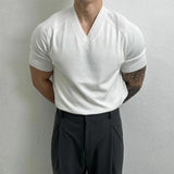 WIAOFELLAS  -  Summer New Men's Solid Color V-Neck T-Shirt American Retro Fashion Trend Simple Casual Loose Breathable Niche 2025 Men's Tops