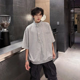 WIAOFELLAS  -  Fashion Men's Solid Color Button American Style T-shirt Trendy Stand Colar Short Sleeves Casual Top Male 2025 Summer