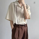 Wiaofellas  -  American Sle High Street Cuban V-Ne Embroidered Striped irt Men Women Summer INS Hong Kong Sle Hawaii ort Sve Top