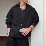 WIAOFELLAS  -  Men Shirt Solid Color Lapel Long Sleeve Button Casual Men Clothing Loose Korean Style Streetwear Fashion Male Shirts