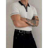 Wiaofellas  -  British Style Contrasting Knitted Polo Shirts for Men Slim Casual Business Social T-shirt Ice Silk Cool Elastic Lapel Tshirts