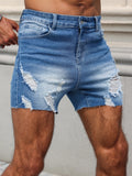 WIAOFELLAS  -  Men's blue denim shorts. The ripped and worn style is popular.