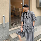 WIAOFELLAS -  (shorts+suit Jackets) Summer Men's Loose Black And White Plaid Short Sleeved Suit Jackets High Quality Mens Sets Suit S-XL