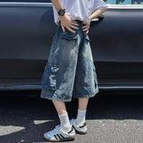 WIAOFELLAS  -  American Style Men's Denim Shorts Washing Multi-pocket Solid Color Worn-out Lace-up Straight Leg Male Jeans Summer