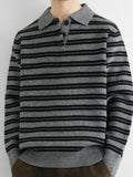 Wiaofellas  -  Autumn Retro Colorblock Striped Polo Collar Knitwear For Men Korean Fashion Long Sleeve Knitted Pullovers Fleece Y2K Sweaters