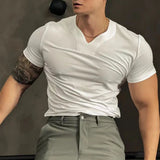 Wiaofellas  -  Men's Fashion Casual T-Shirt Summer New Solid V-Neck Short Sleeve Top Tight Tee Shirts Muscle Male Workout Sexy T-Shirt LGBT Pri